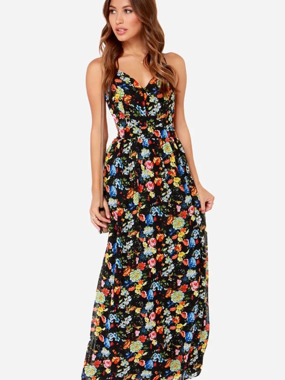 Lulu's Black Floral Sweetheart Maxi Dress
